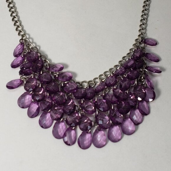 Women' Stylish Silver tone Purple Drop Cluster Beads Necklace, Matching Earrings - Picture 2 of 7